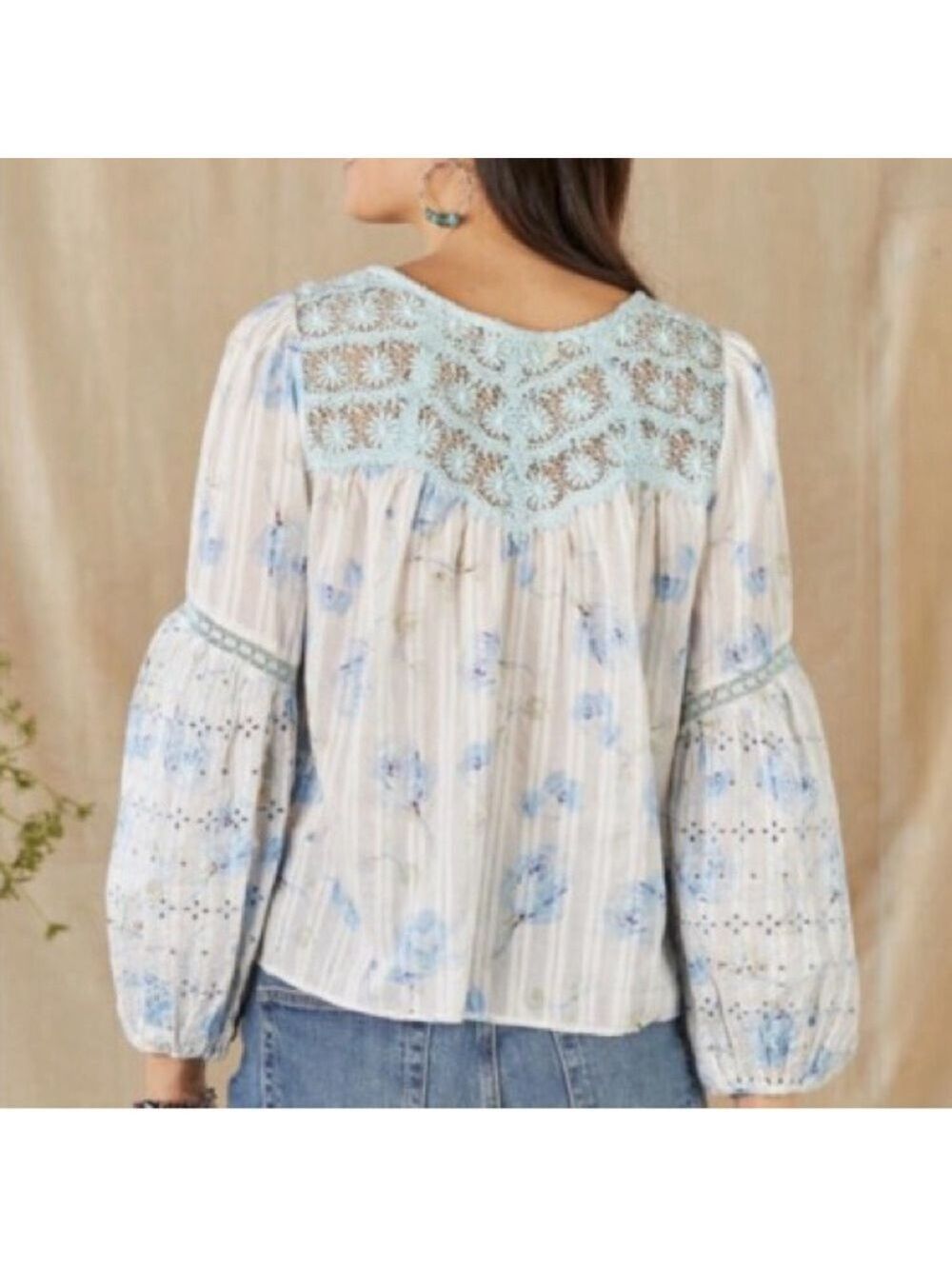 LoveShackFancy Belle Revival Blue Floral Puff Sleeve Cotton Blouse size medium - Picture 2 of 5